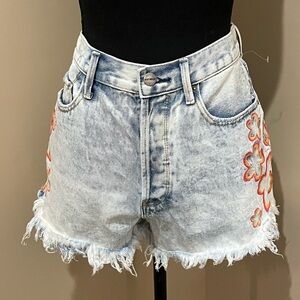 DRIFTWOOD Light Blue Denim Goldie Raw Hem Shorts Embroidered Flowers, W- 29 L-4